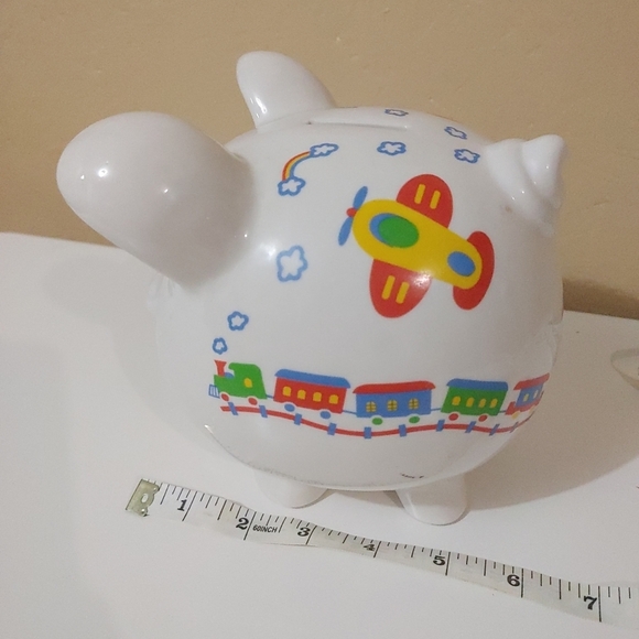 Ceramic white with trains kids piggy bank - Picture 7 of 7
